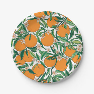 Trendy Summer Orange Citrus Frucht Blossom Muster Pappteller