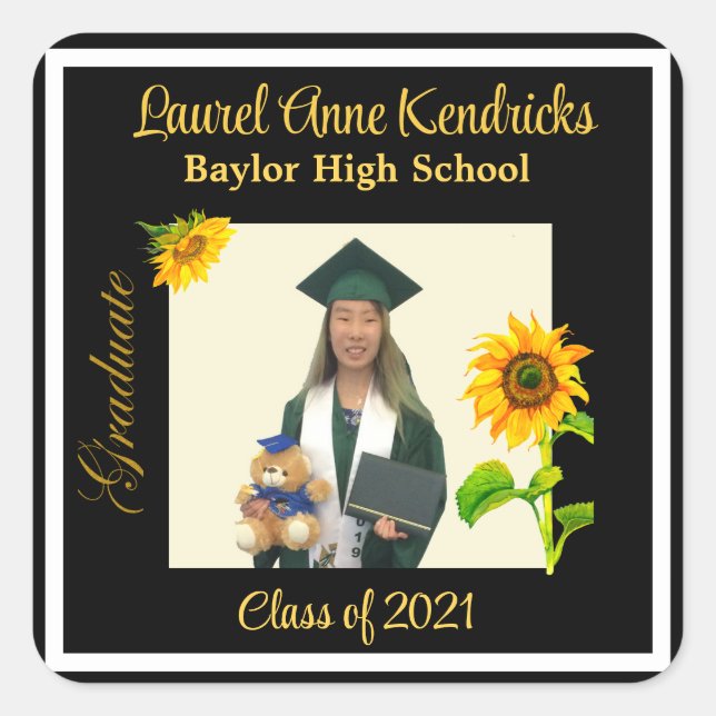 Trendy Sunflower Graduate Foto Quadratischer Aufkleber (Vorderseite)