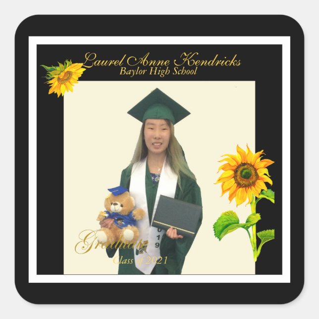 Trendy Sunflower Modern Text Graduate Foto Quadratischer Aufkleber (Vorderseite)