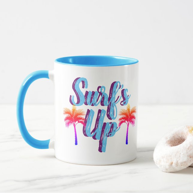 Trendy Surf's Up Sunset Palm Trees Tasse (Mit Donut)