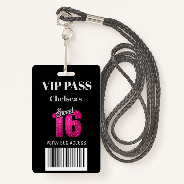 Trendy Sweet 16 Bus Zugang Barcode Einladung VIP Ausweis (Vorderseite mit Schlüsselband)