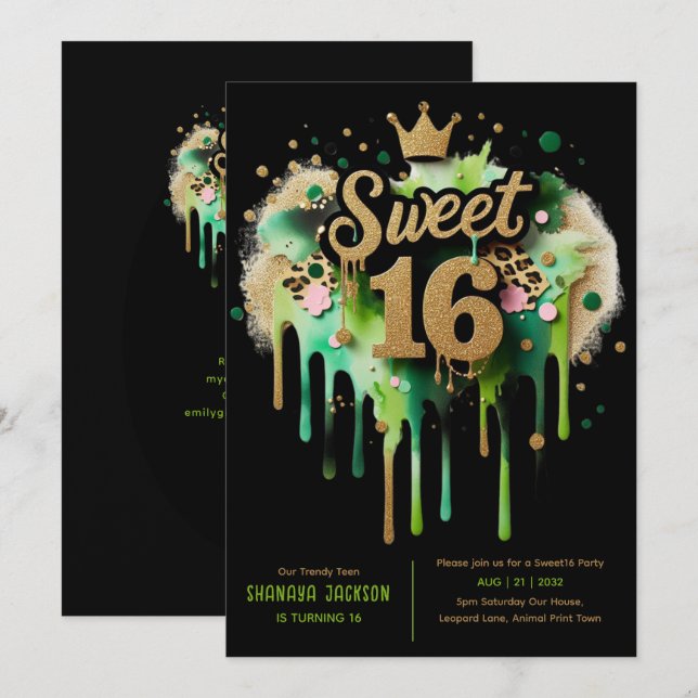 Trendy Sweet 16 Leopard Print Green Gold Einladung (Vorne/Hinten)