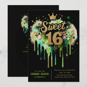 Trendy Sweet 16 Leopard Print Green Gold Einladung