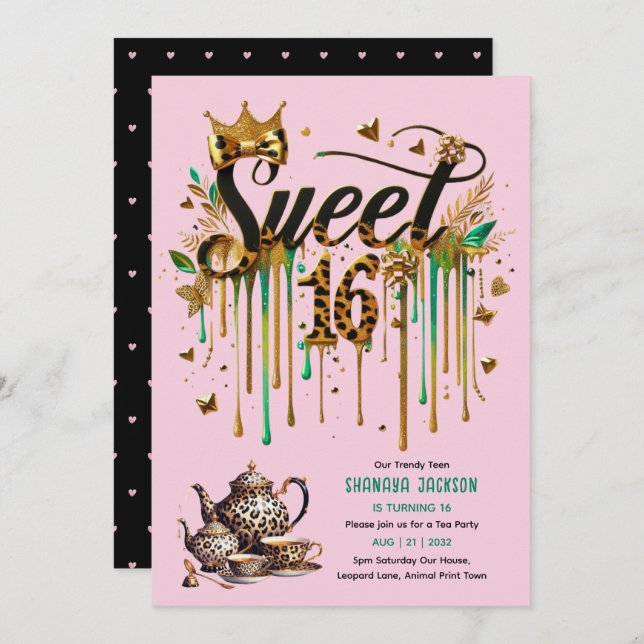 Trendy Sweet 16 Leopard Print Tea Party Einladung (Vorne/Hinten)