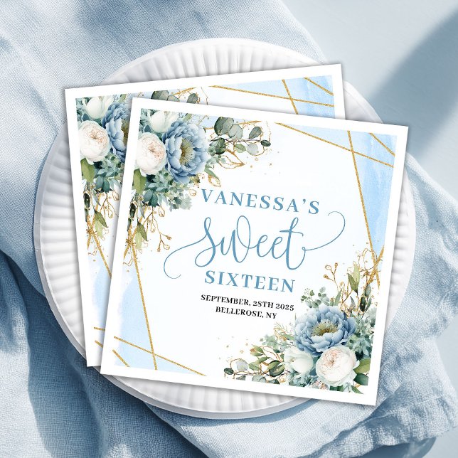 Trendy Sweet 16th Dusty Blue and Gold Party Napkin Serviette (Trendy Sweet 16th Dusty Blue and Gold Party Napkins)