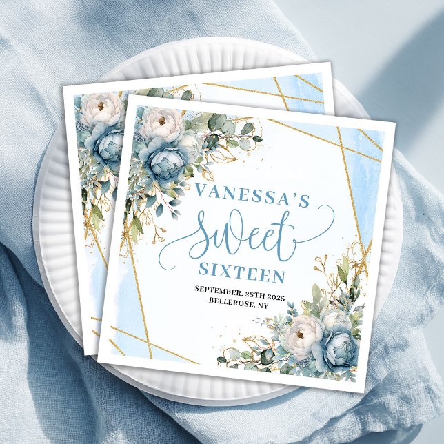 Trendy Sweet Sixteen Dusty Blue Greenery Table  Serviette (Trendy Sweet Sixteen Dusty Blue Greenery Table Paper Dinner Napkins)
