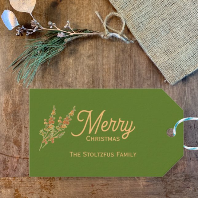 Trendy Tan Green Christmas Watercolor Botanisch Geschenkanhänger (Trendy rustic original watercolor painted botanical accents for your Christmas holiday gifts n cards)