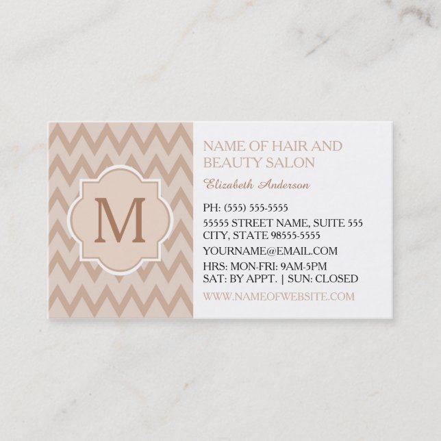 Trendy Tan Zickzack Zigzag Monogram Hair Salon Visitenkarte (Vorderseite)