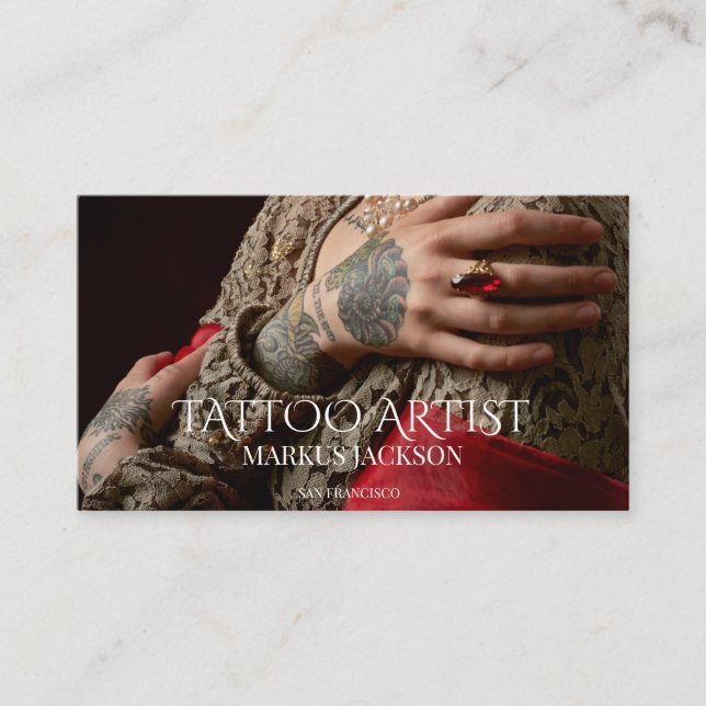 Trendy Tattoo Artist Foto Weiße Typografie Visitenkarte (Vorderseite)