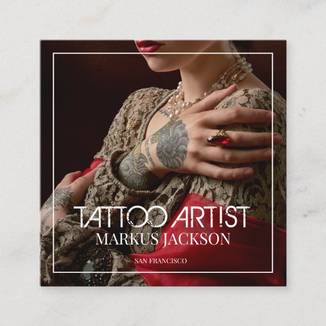 Trendy Tattoo Artist White Typografy Foto Quadratische Visitenkarte (Vorderseite)
