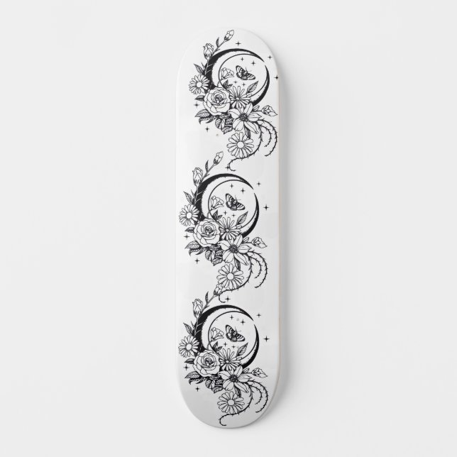 Trendy Tattoo Style Floral Crescent Moon Deck Skateboard (Vorderseite)