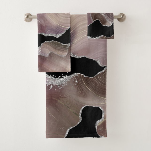 Trendy Taupe & Black Agate Silver Glitzer Badhandtuch Set (Insitu)