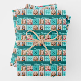 Trendy Teal Birthday Party Custom Photo Collage Geschenkpapier Set