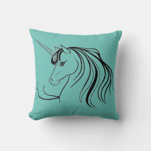 Trendy Teal Blue Unicorn Line Art Cushion Pillow Kissen