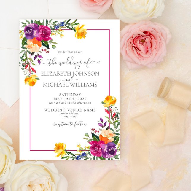 Trendy Technicolor Boho Floral Foto Wedding Einladung (Von Creator hochgeladen)