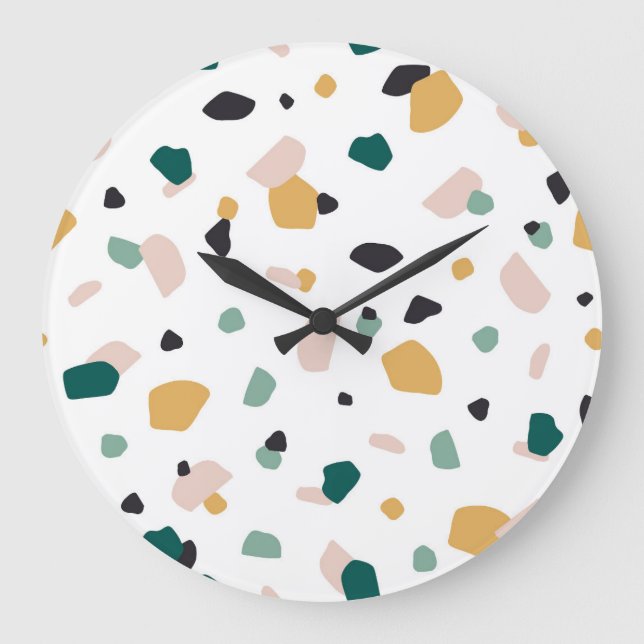 Trendy Terrazzo Green Orange Pink Black Pattern Große Wanduhr (Vorderseite)