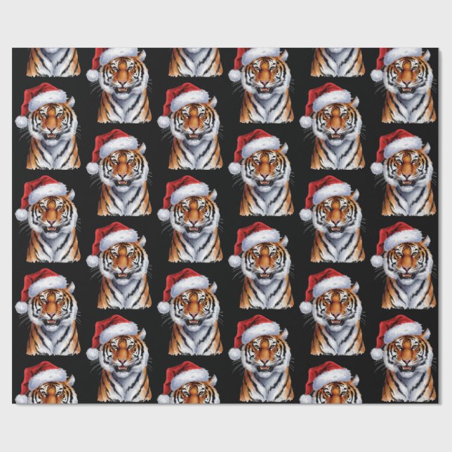 Trendy Tiger with Santa Hat Christmas Black  Geschenkpapier (Flach)