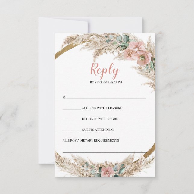 Trendy Trendy Pampas Grass Dusty Rose Eukalyptus RSVP Karte (Vorderseite)