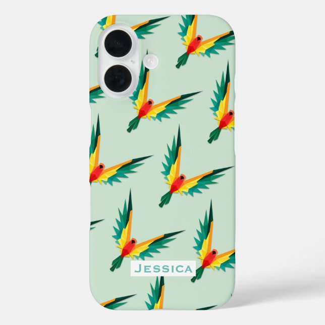 Trendy Tropical Bird Pattern Blau Personalisiert iPhone 16 Hülle (Rückseite)