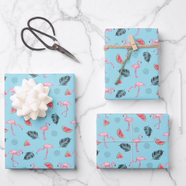 Trendy Tropical Flamingo & Watermelon Muster Geschenkpapier Set (Vorderseite)