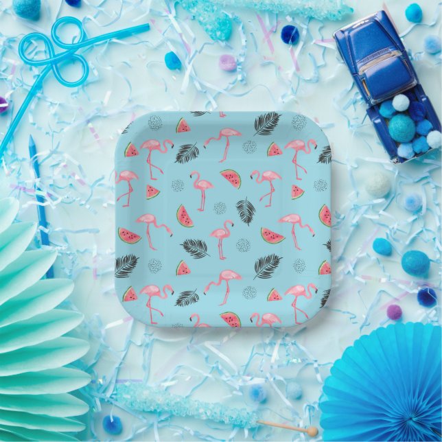 Trendy Tropical Flamingo & Watermelon Muster Pappteller (Party)
