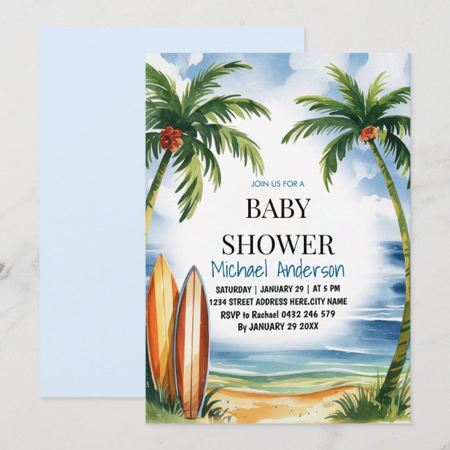 Trendy Tropical Summer surfing Beach Baby Dusche Einladung (Vorne/Hinten)