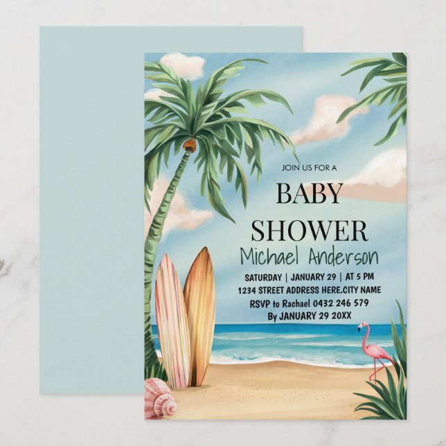 Trendy Tropical Summer surfing Beach Baby Dusche Einladung (Vorne/Hinten)