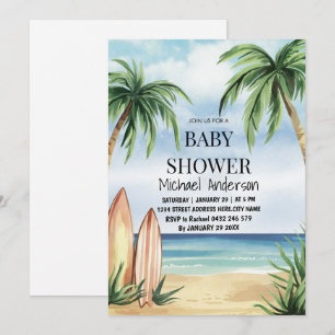 Trendy Tropical Summer surfing Beach Baby Dusche Einladung