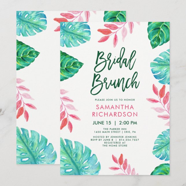 Trendy Tropical Watercolor Bridal Brunch Einladung (Vorne/Hinten)