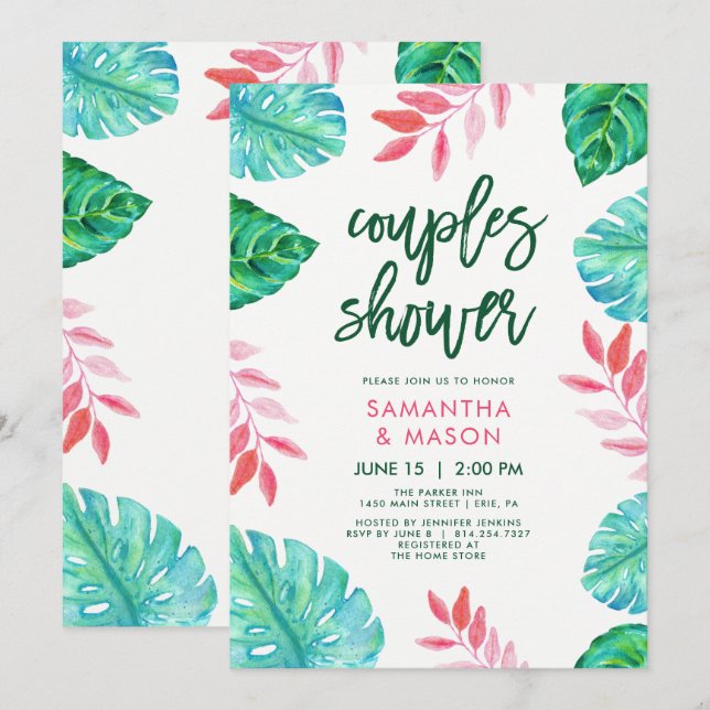 Trendy Tropical Watercolor Paare Dusche Einladung (Vorne/Hinten)