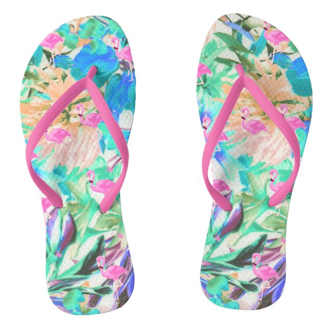 Trendy tropischer aquamariner rosa Blumenflamingo Flip Flops (Fußbett)