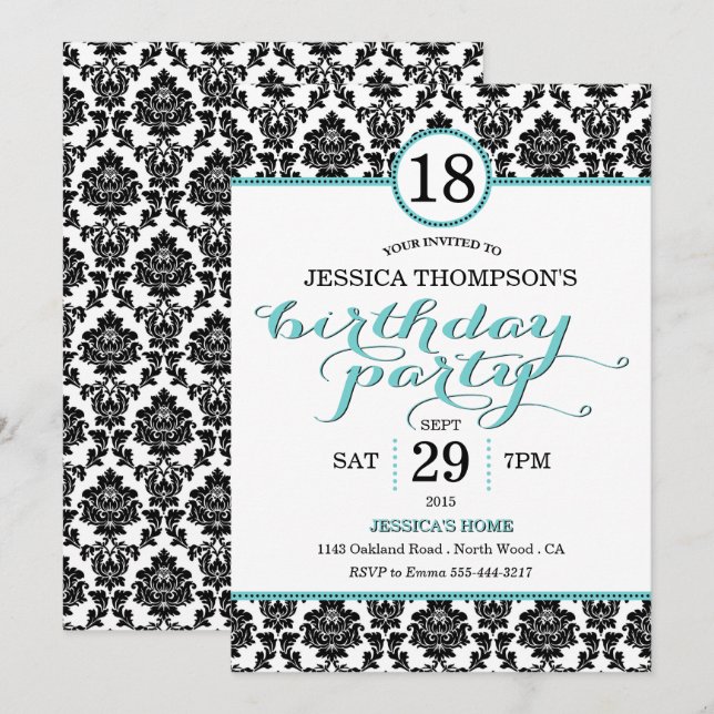 Trendy Türkis Damask Geburtstagsparty Einladungen (Vorne/Hinten)