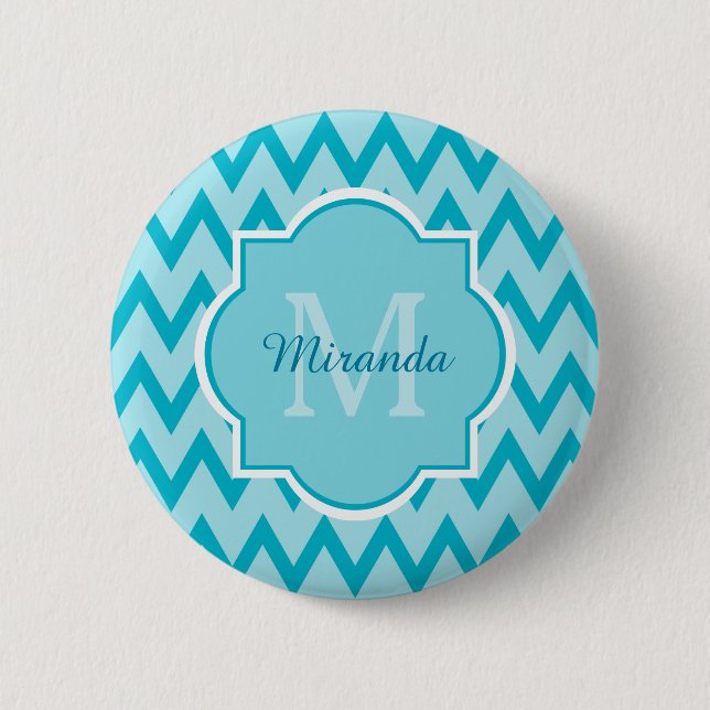 Trendy Türkise Zickzack Zigzag Name und Monogram Button (Vorderseite)