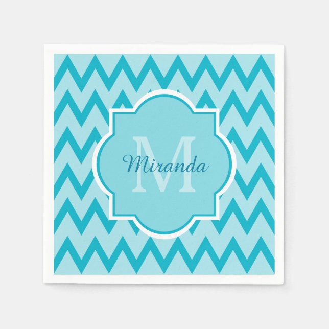 Trendy Türkise Zickzack Zigzag Name und Monogram Serviette (Vorderseite)