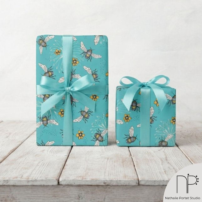 Trendy Turquoise Buzzing Spring & Summer Honeybee Geschenkpapier (This Turquoise Buzzing Spring Summer Honeybee Wrapping Paper features hand-drawn bee art.)