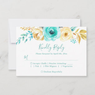 Trendy Turquoise Gold Floral Wedding RSVP Antwort