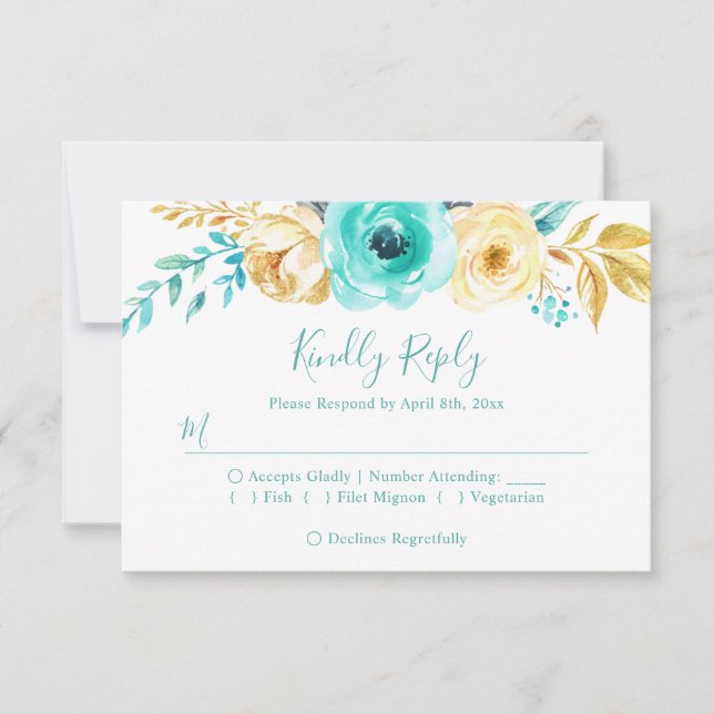 Trendy Turquoise Gold Floral Wedding RSVP Répondre (Devant)