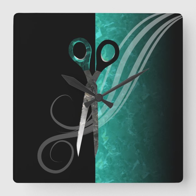 Trendy turquoise hair salon clock quadratische wanduhr (Vorderseite)