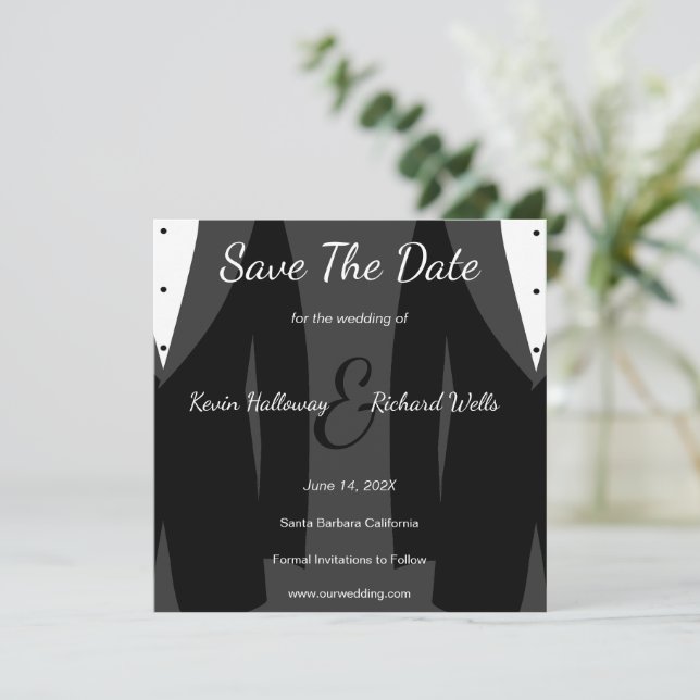 Trendy Two Tuxedos Gay Wedding speichern das Datum Save The Date (Stehend Vorderseite)