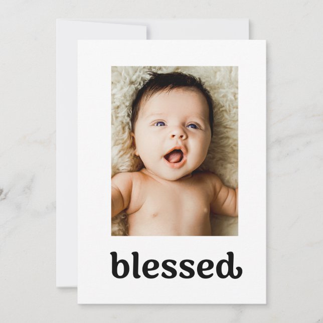 Trendy Typografie Seligen Cross Baby Taufe Foto Dankeskarte (Vorderseite)