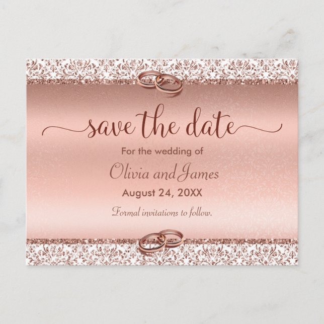 Trendy Typografy Rose Gold Wedding Save the Date Ankündigungspostkarte (Vorderseite)