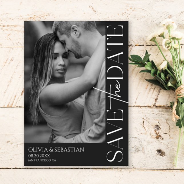 Trendy Typografy Text Foto Black Wedding Save The Date (Von Creator hochgeladen)