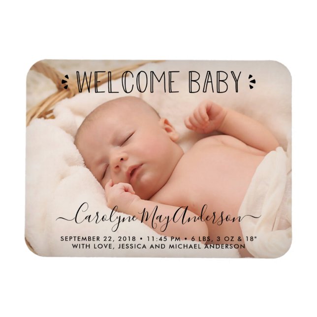 Trendy Typografy "Welcome Baby" Foto Ankündigung Magnet (Horizontal)