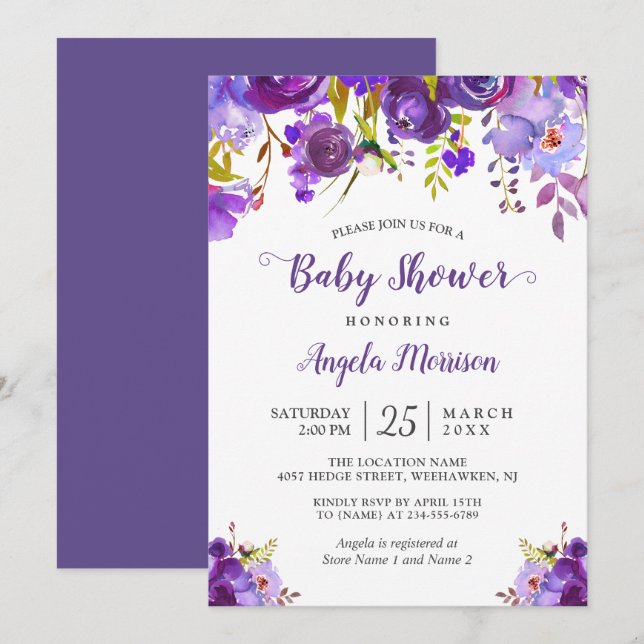 Trendy Ultra Violet Lila Floral Baby Dusche Einladung (Vorne/Hinten)
