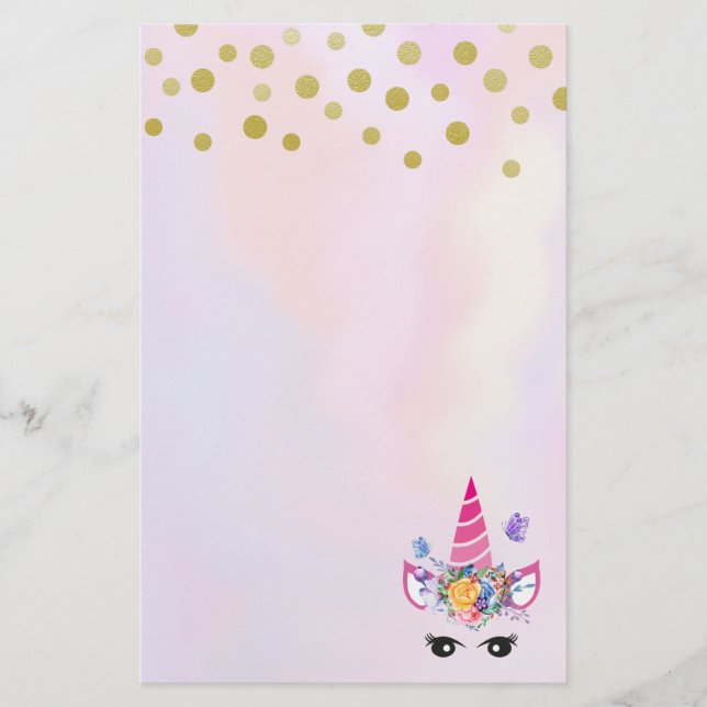 Trendy Unicorn mit Blume Butterflies & Confetti Briefpapier (Vorderseite)