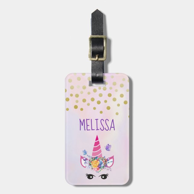 Trendy Unicorn mit Blume Butterflies & Confetti Gepäckanhänger (Vorderseite vertikal)