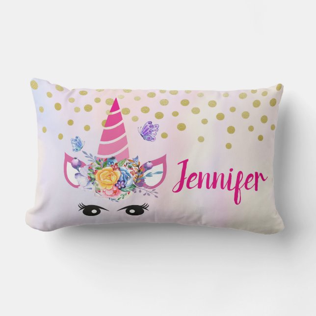 Trendy Unicorn mit Blume Butterflies & Confetti Lendenkissen (Vorderseite)