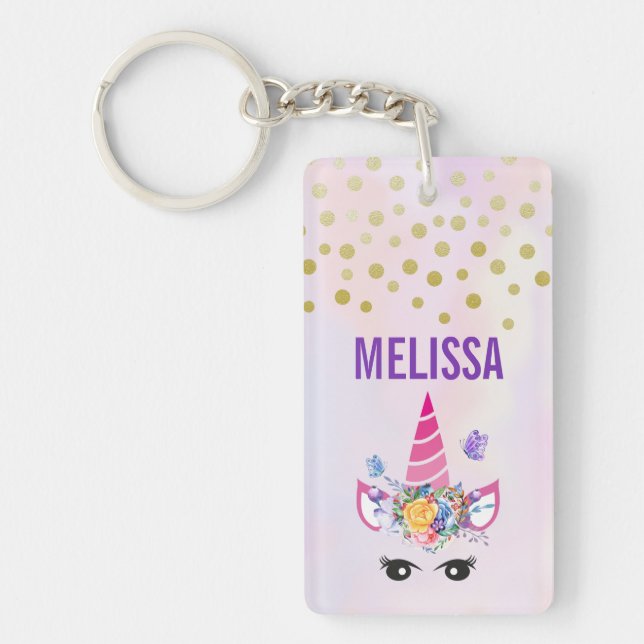 Trendy Unicorn mit Blume Butterflies & Confetti Schlüsselanhänger (Vorderseite)