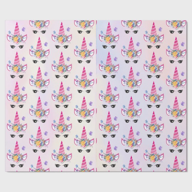 Trendy Unicorn mit Blumenkronen und Schmetterlinge Geschenkpapier (Saum)