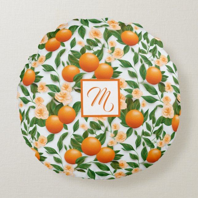 Trendy Valencia Orange Mit Monogramm Rundes Kissen (Vorderseite)